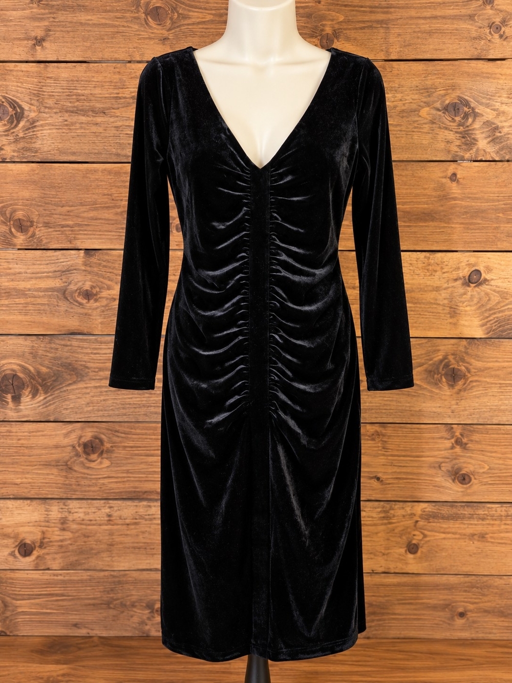 Donna Karan Black Velvet V-Neck Ruched Midi Dress